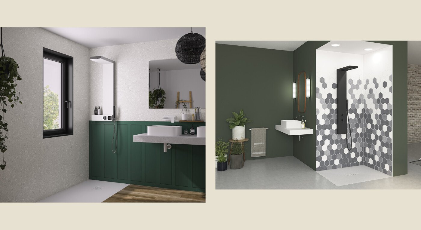 Kinewall Design - mixte vert terrazzo gris - tomettes camaïeu gris - 2900x1585
