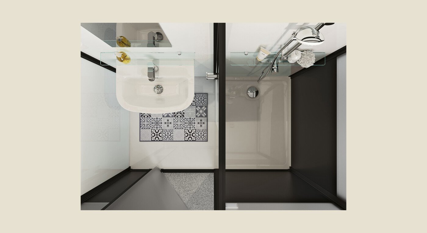 Salle d'eau complète Modulo XL version haute avec broyeur adaptable avec  douche à gauche en niche profilé blanc et verre blanc M
