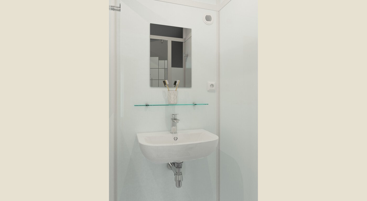 Salle d'eau complète Modulo XL version haute avec broyeur adaptable avec  douche à gauche en niche profilé blanc et verre blanc M